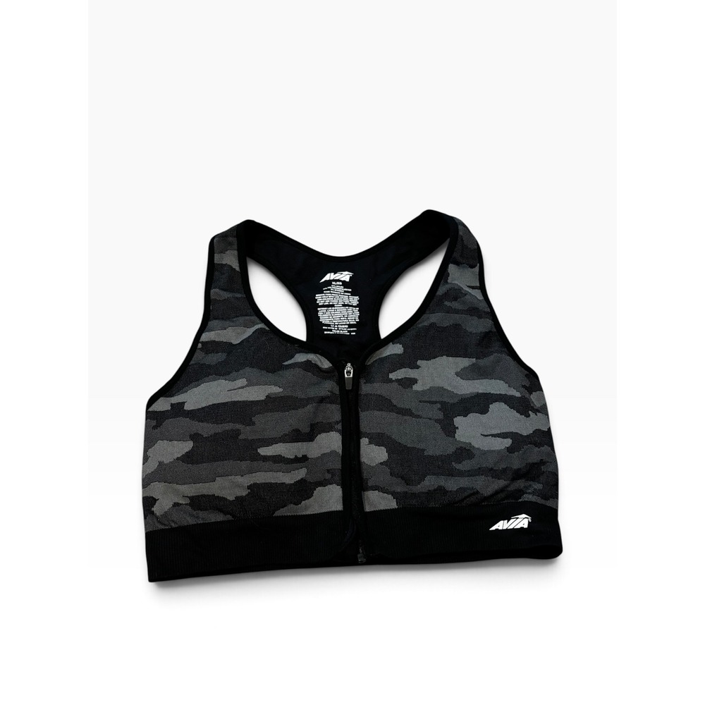 Avia Sports Bra XL Black Gray Camo Front Zip Racerback Activewear